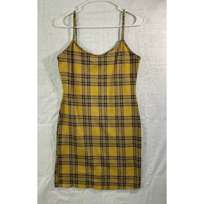 Popular 21 Plaid Mini Dress Womens L Yellow Black Bodycon 90s Style ST8008-CT