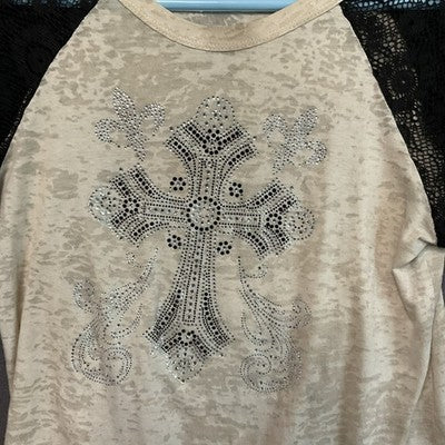 L&B Life Shirt Womens Medium Beige Black Lace Cross Embellished Raglan Top