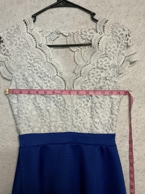 Vintage B. Darlin Dress Juniors 5/6 Blue White Lace Fit Flare Short Skater Party