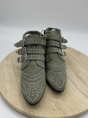 Qupid Ankle Boots Womens Size 5.5 Green Faux Suede Studded Buckle Heel