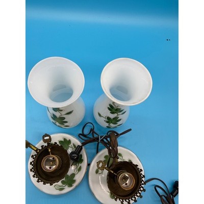 Pair Vintage Hand-Painted Glass Lamps 14" Shamrock Clover TESTED WORKS