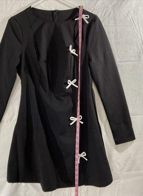 Dress Juniors 3 Black Mini Shift Long Sleeve White Bow Front Casual Party