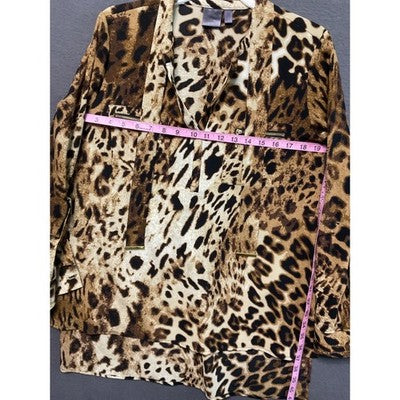 XL Leopard Lightweight Blouse Animal Print Long Sleeve Tie Neck Zip Pockets Chic