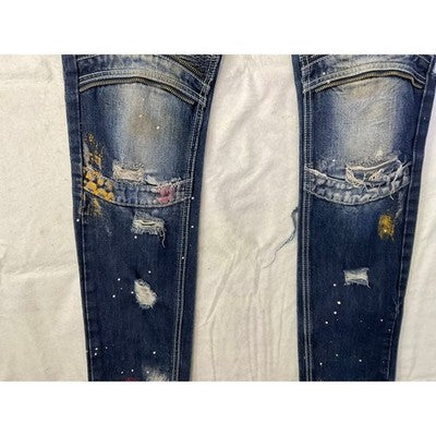 Smoke Rise Moto Jeans Men 32 Blue Distressed Paint Splatter Biker Denim Grunge