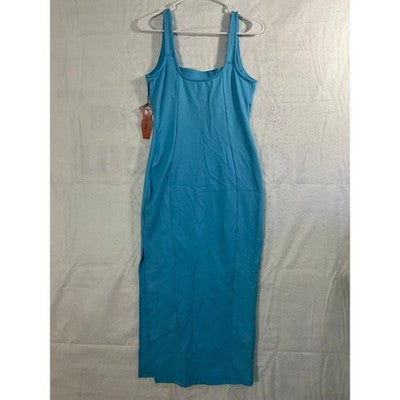 Haute Monde Bodycon Midi Dress Womens Small Blue Square Neck Slit NWT Summer