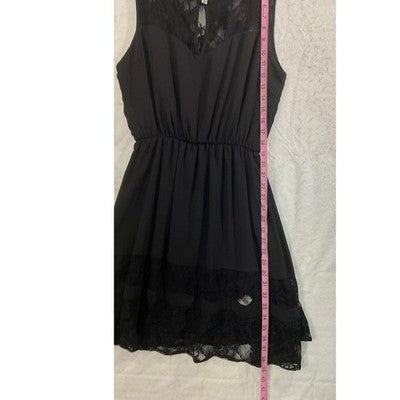 VTG Paper Crane Dress Womens Large Black Lace Trim Sleeveless Mini USA Cocktail