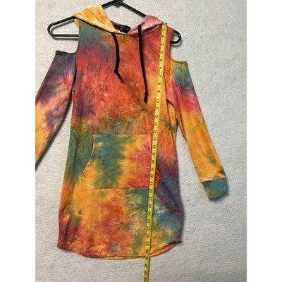 Love Hoodie Tunic Womens Medium Multicolor Tie Dye Cold Shoulder Kangaroo Pocket