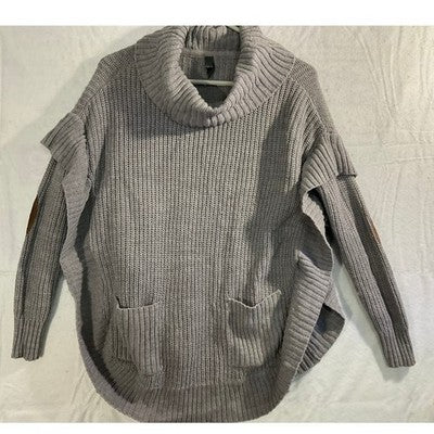 ALYA Cowl Neck Ruffle Poncho Sweater Womens S/M Gray Elbow Patch Pullover