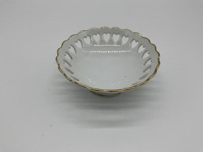 Unmarked White Porcelain Pedestal Bowl Heart Cutout Gold Trim Home Decor Display