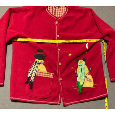 Vintage XL Red Button-Up Holiday Cardigan Jacket/Sweater with Snowman Applique
