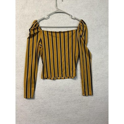 Daisy May Shirt Womens Small Yellow Black Stripe Square Neck Long Sleeve Stretch