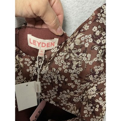 Leyden Dress Womens XL Brown Blossom Jacquard Floral Metallic Mini Cutout New