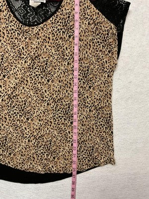 VTG Carol Rose Blouse Women XL Beige Leopard Print Lace Yoke Cap Sleeve Knit Top