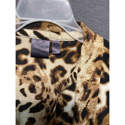 XL Leopard Lightweight Blouse Animal Print Long Sleeve Tie Neck Zip Pockets Chic