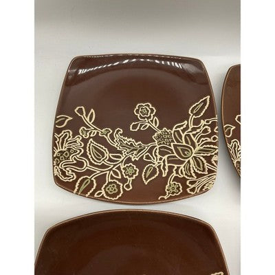Jaclyn Smith Square 7" Plates Set of 6  Brown Floral Stoneware Salad Dessert