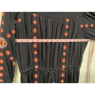 LOFT Dress Womens Medium Navy Off Shoulder Embroidered Boho Tassel Peasant