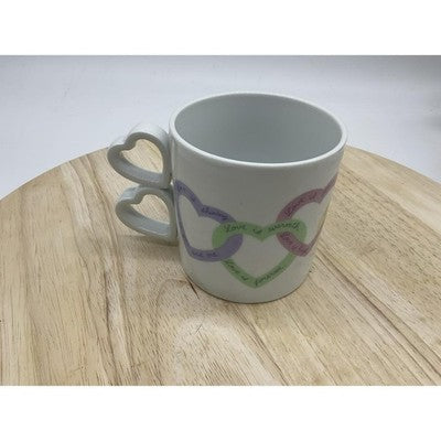 Avon Heart Handle Coffee Mug Cup Double Heart White Pastel Love Words Ceramic