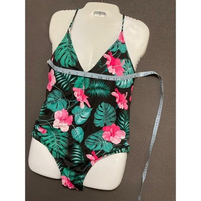 Ekouaer Women's One-Piece Swimsuit M Black Floral Tropical Crisscross Back NWT
