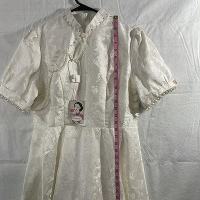 Doveyaf Dress Womens 2XL White Jacquard High Neck Puff Sleeve Qipao Wedding NWT