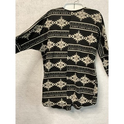 Southwestern Aztec Sweater Women Medium Black Beige Open Front Cardigan Knit USA