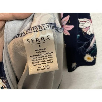 Serra Dress Womens Large Navy Blue Floral 3/4 Sleeve V Neck Shift Stretch Jersey