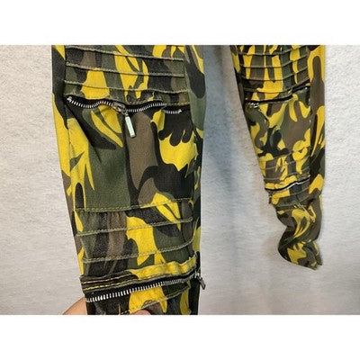 KROIX Pants Womens S/M Yellow Camo Moto Joggers Zipper Detail Drawstring Tapered