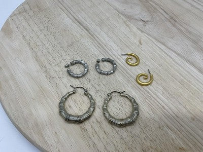 Lot 3 Womens Hoop Earrings Gold Tone Silver Tone Bamboo Spiral Round Multicolor