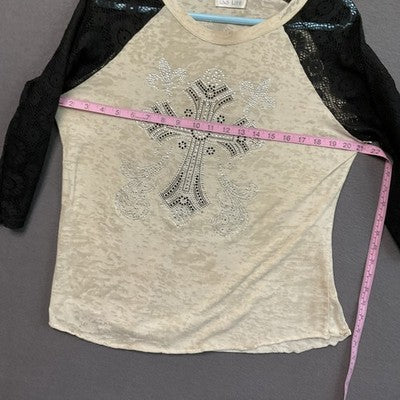 L&B Life Shirt Womens Medium Beige Black Lace Cross Embellished Raglan Top