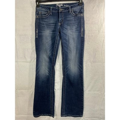 Rock 47 by Wrangler Bootcut Jeans Women 28x32 Dark Wash Rhinestone Western Denim