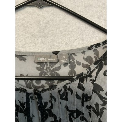 Apt. 9 Shirt Womens 1X Gray Black Floral Sheer Pleated Short Sleeve Blouse