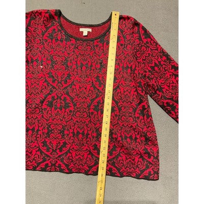 Dana Buchman XXL Red Black Damask Jacquard Knit Sweater Top Holiday