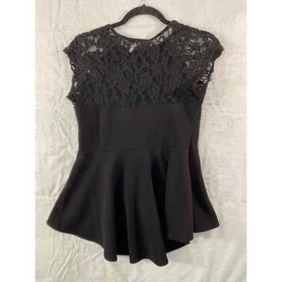 Say Anything Peplum Top Womens XL Black Lace Shoulder High Low Hem Blouse USA