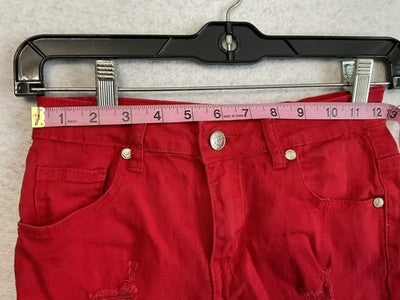 Bamboo Shorts Juniors 1 Red Distressed Denim Bermuda Raw Hem Stretch Casual
