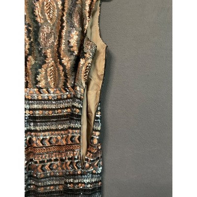 Sequin Black Gold Tribal Sm/Med Party NWOT Midi Dress Side Zip Sleeveless