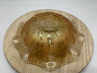 Vintage Amber Carnival Glass Serving Bowl Floral Ruffle Edge Gold Iridescent MCM