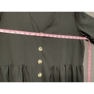 Belongsci Black ButtonFront Babydoll Tunic Drop Waist M Oversized Pockets V-Neck
