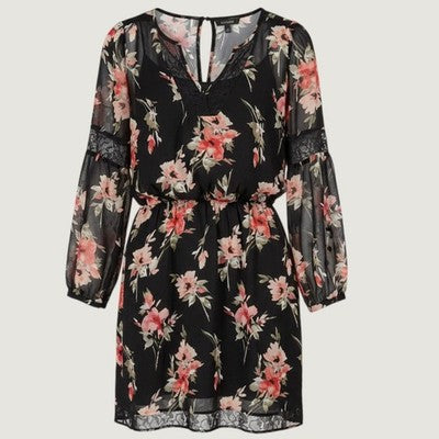 White House Black Market Floral Mini Dress Women 4 Black Lace Trim Chiffon Boho