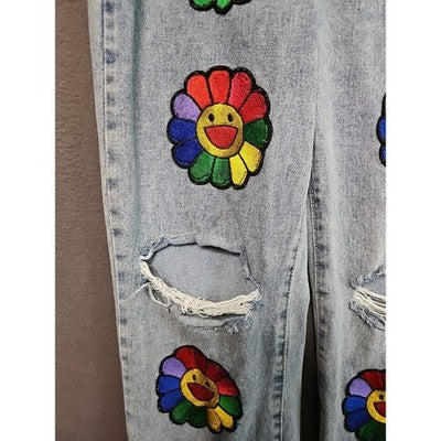 Vintage-Inspired Rainbow Flower Jeans L 25W 27L Straight Leg Ripped/Distressed