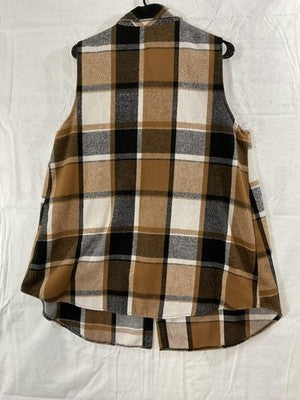 Shein Shirt Womens 1XL Brown Black Plaid Flannel Sleeveless Button Up Tunic Top