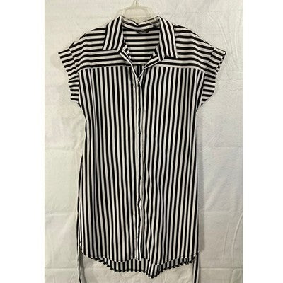 Mlle Gabrielle Shirt Dress Women Large Black White Striped Button Tie Waist Mini