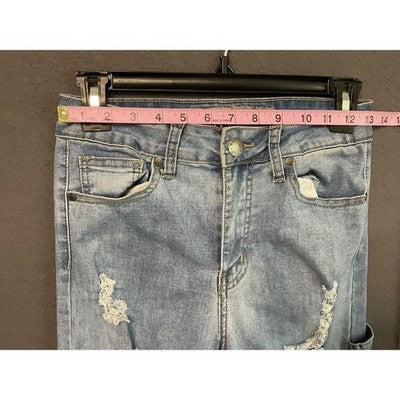 VIP Jeans Womens 3/4 Light Wash Distressed Ripped Cropped Denim Casual Pants