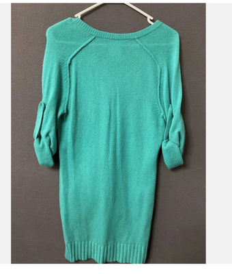 BCBGMAXAZRIA Sweater Dress Womens XS Green Knit V Neck 3/4 Roll Tab Pockets