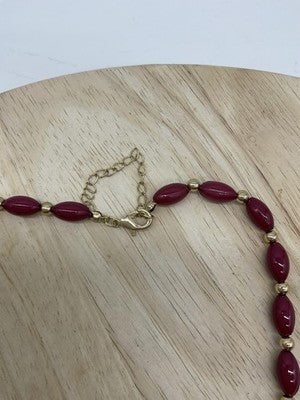 Red Beaded Necklace Bracelet Set Womens Gold Tone Plastic Square Beads Jewelry