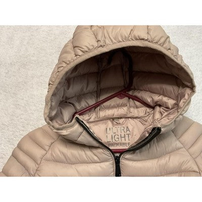 Love Tree Jacket Womens Small Beige Ultra Light Packable Hooded Puffer Zip Up