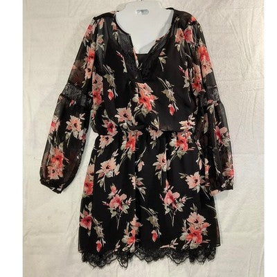 White House Black Market Floral Mini Dress Women 4 Black Lace Trim Chiffon Boho