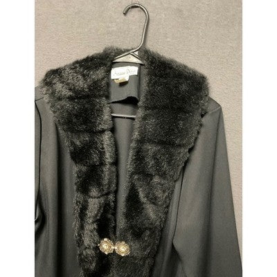 Vintage Hosanna Design Black Long Coat L Faux Fur Collar Jeweled Button USA Made