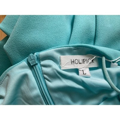 HOLIPICK Blue Bodycon Dress L Cowl Neck Sleeveless Slit Front Lined Cocktail NWT