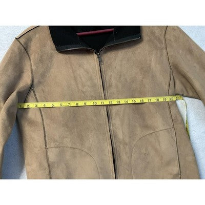 Chico's Design Jacket Womens Large 2 Tan Faux Suede Zip Black Collar Pockets