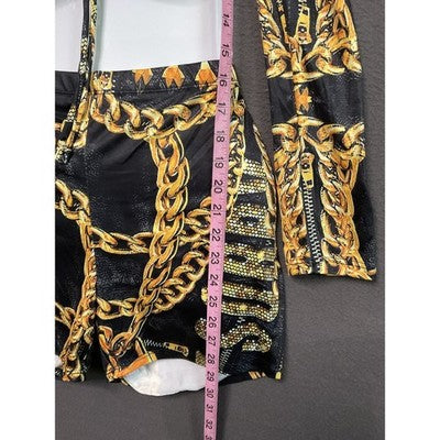Women’s Off Shoulder Crop Top & Short Set L Black Gold Chain Link Graphic Print