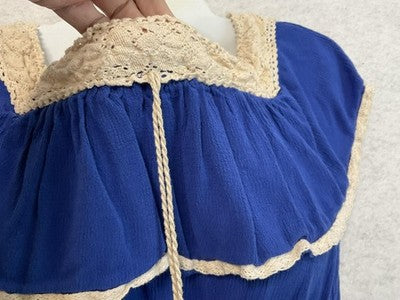 Flying Tomato Blouse Womens Small Blue Crochet Ruffle Tassel Crop Top Boho